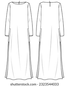 Women side slit A line dress design flat sketch fashion illustration with front and back view, Basic Long sleeve Boat neck Lounge dress cad drawing vector template