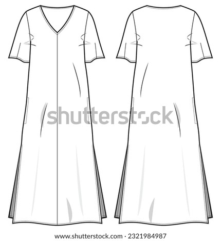 Women side slit A line dress design flat sketch fashion illustration with front and back view, Basic short sleeve V neck Lounge dress cad drawing vector template