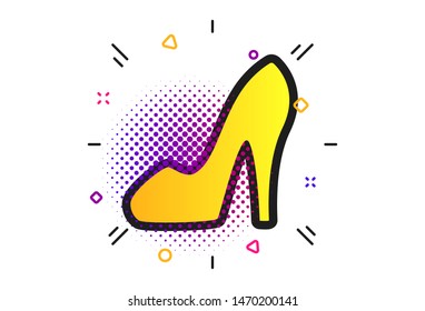 Women sign. Halftone dots pattern. Women's shoe icon. High heels shoe symbol. Classic flat footwear icon. Vector