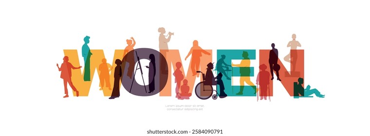 Women sign with silhouettes of different women. Banner for Women's Day.