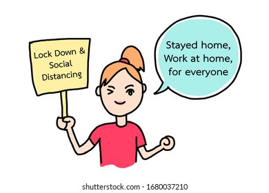 Women with Sign and speech about COVID-19. Social Distancing and stayed at home, work at home when  lockdown city or country for slow down the outbreak. Drawing vector illustration with layers.