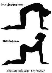 Women silhouette. Cow yoga pose. Bitilasana. Cat yoga pose. Marjaryasana Vector illustration