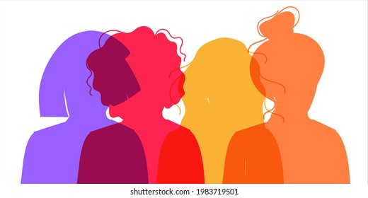 Women Silhouette of different cultures and nationalities standing together. The concept of the female empowerment movement and gender equality.