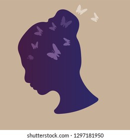 Women silhouette head with butterfly as sighn of life.