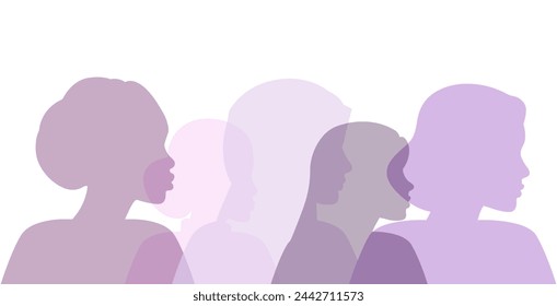 Women silhouette head isolated. Side View Of Multi-ethnic Women Group. Concept for equality, international women's day, activism, feminism. Silhouette illustration with feminist women