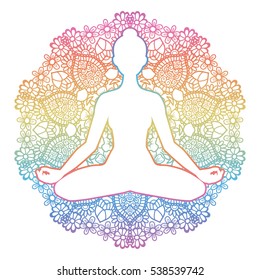 Women silhouette. Mandala round background. Yoga lotus pose. Padmasana. Vector illustration