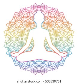 Women silhouette. Mandala round background. Yoga lotus pose. Padmasana. Vector illustration