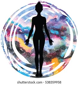 Women silhouette on galaxy astral background. Yoga mountain pose. Tadasana. Vector illustration.