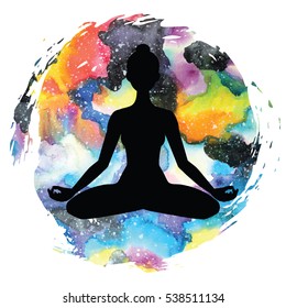 Women silhouette on galaxy astral watercolor rextured background. Yoga lotus pose. Padmasana. Vector illustration.