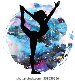 Women silhouette on galaxy astral background. Lord of the dance yoga pose. Natarajasana. Vector illustration.