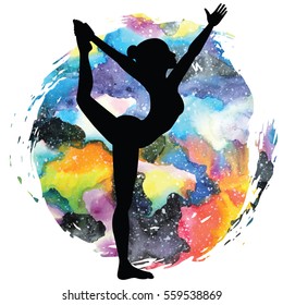 Women silhouette on galaxy astral background. Lord of the dance yoga pose. Natarajasana. Vector illustration.