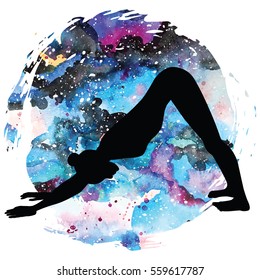 Women silhouette on galaxy astral background. Adho mukha svanasana. Downward dog yoga pose. Vector illustration.
