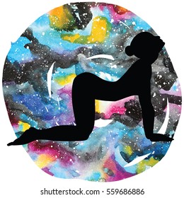 Women silhouette on galaxy astral background. Cow yoga pose. Bitilasana. Vector illustration.