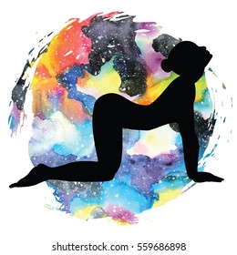 Women silhouette on galaxy astral background. Cow yoga pose. Bitilasana. Vector illustration.