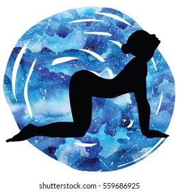 Women silhouette on galaxy astral background. Cow yoga pose. Bitilasana. Vector illustration.