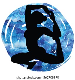 Women silhouette on galaxy astral background. Mermaid yoga pose. Eka pada raja kapotasana. Vector illustration