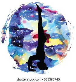 Women silhouette on galaxy astral background. Tripod Headstand yoga pose. Sirsasana 2. Vector illustration.