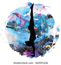 Women silhouette on galaxy astral background. Headstand yoga pose. Adho Mukha vrksasana. Vector illustration.