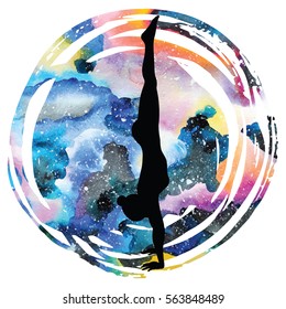 Women silhouette on galaxy astral background. Headstand yoga pose. Adho Mukha vrksasana. Vector illustration.