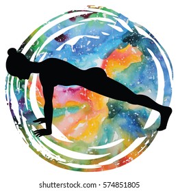 Women silhouette on galaxy astral background. High plank yoga pose. Uttihita Chaturanga Dandasana. Vector illustration.