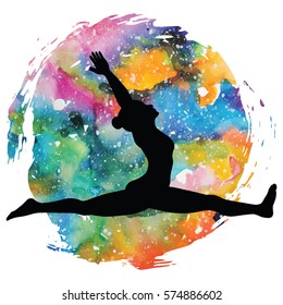 Women silhouette on galaxy astral background. Monkey yoga pose. Hanumanasana. Vector illustration.