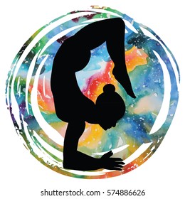 Women silhouette on galaxy astral background.Scorpion yoga pose. Vrischikasana. Vector illustration.