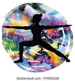 Women silhouette on galaxy astral background. Warrior 2 yoga pose. Virabhadrasana 2. Vector illustration.