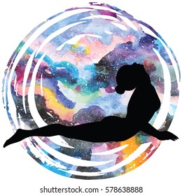 Women silhouette on galaxy astral background. Upward facing dog yoga pose. Urdhva mukha svanasana. Vector illustration.