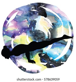 Women silhouette on galaxy astral background.Peacock yoga pose. Mayurasana. Vector illustration.