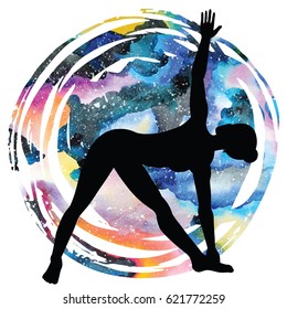 Women silhouette on galaxy astral background. Extended Triangle Yoga Pose. Utthita trikonasana Vector illustration