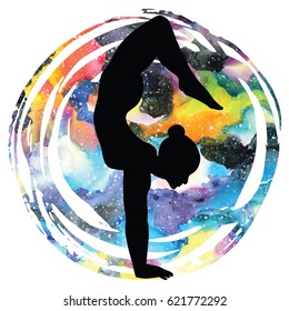 Women silhouette on galaxy astral background. Arm Balance Scorpion Yoga Pose. Bhuja Vrischikasana. Vector illustration