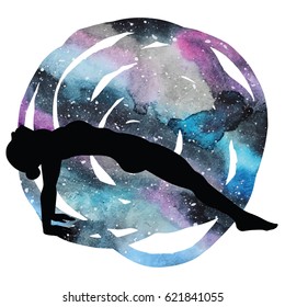 Women silhouette on galaxy astral background. Upward Plank Pose. Purvottanasana Vector illustration