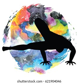 Women silhouette on galaxy astral background. Dragonfly yoga pose. Maksikanagasana Vector illustration