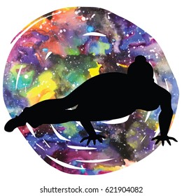 Women silhouette on galaxy astral background. Eight-Angle Yoga Pose. Astavakrasana Vector illustration