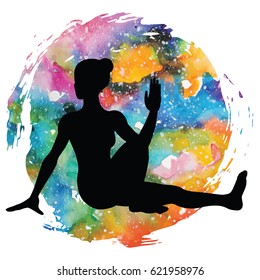 Women silhouette on galaxy astral background. Marichis yoga pose. Marichyasana Vector illustration