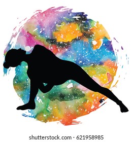 Women silhouette on galaxy astral background. Fully Bound Side Angle Yoga Pose Baddha Parsvokanasana Vector illustration
