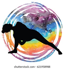 Women silhouette on galaxy astral background. Fully Bound Side Angle Yoga Pose Baddha Parsvokanasana Vector illustration