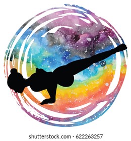 Women silhouette on galaxy astral background. Flying Pigeon yoga pose. Eka Pada Galavasana Vector illustration