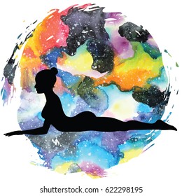 Women silhouette on galaxy astral background. Sphinx yoga Pose. Salamba Bhujangasana. Vector illustration