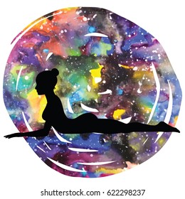 Women silhouette on galaxy astral background. Sphinx yoga Pose. Salamba Bhujangasana. Vector illustration