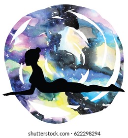 Women silhouette on galaxy astral background. Sphinx yoga Pose. Salamba Bhujangasana. Vector illustration