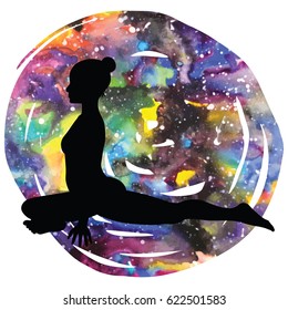 Women silhouette on galaxy astral background. Pigeon Yoga Pose. Kapotasana Vector illustration