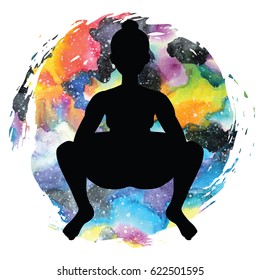 Women silhouette on galaxy astral background. Squat Yoga Pose. Malasana Vector illustration