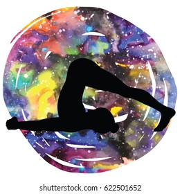 Women silhouette on galaxy astral background. Plow Yoga Pose. Halasana Vector illustration