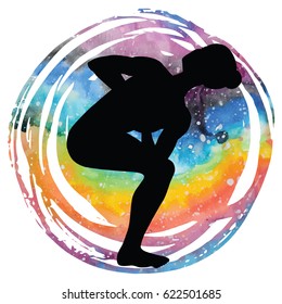 Women silhouette on galaxy astral background. Revolved Chair Yoga Pose. Parivrtta Utkatasana Vector illustration