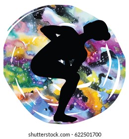 Women silhouette on galaxy astral background. Revolved Chair Yoga Pose. Parivrtta Utkatasana Vector illustration