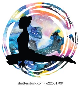 Women silhouette on galaxy astral background. Pigeon Yoga Pose. Kapotasana Vector illustration