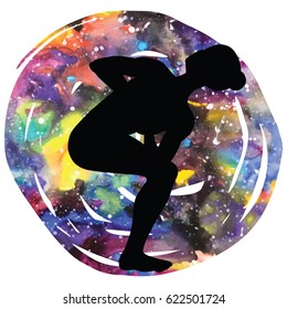 Women silhouette on galaxy astral background. Revolved Chair Yoga Pose. Parivrtta Utkatasana Vector illustration