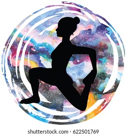 Women silhouette on galaxy astral background. One-Legged King Pigeon Yoga Pose. Eka Pada Rajakapotasana Vector illustration