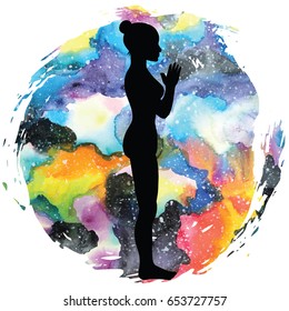 Women silhouette on galaxy astral background. Mountain yoga pose. Tadasana. Vector illustration.